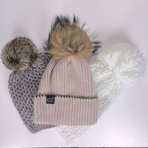 Women's Pom Pom Beanie Set - White, Tan, Gray, One Size